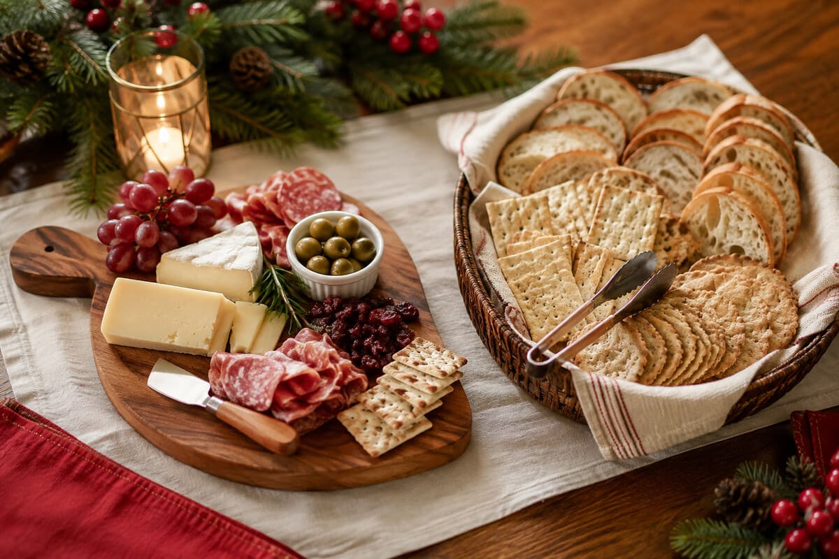 A Christmas charcuterie board with crackers and bread kept separately from moist ingredients