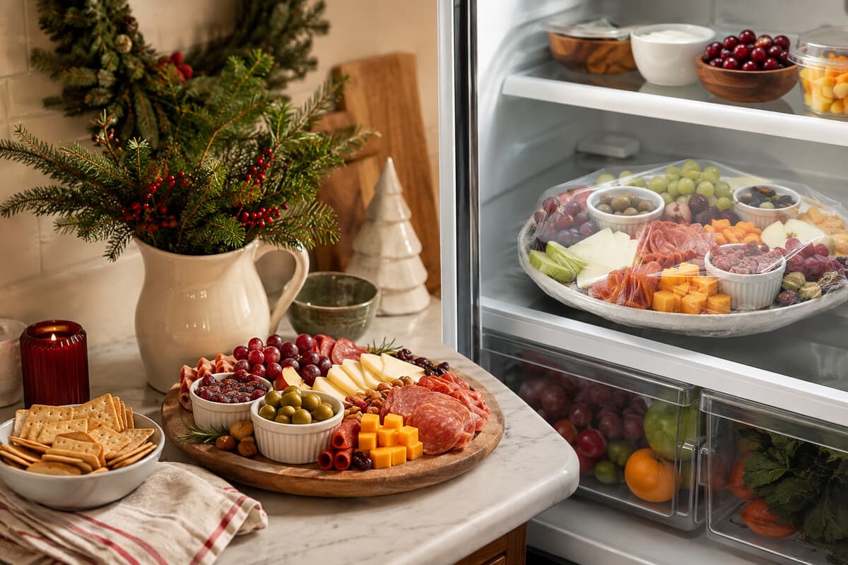 A smaller Christmas charcuterie board with refrigerated refill components ready