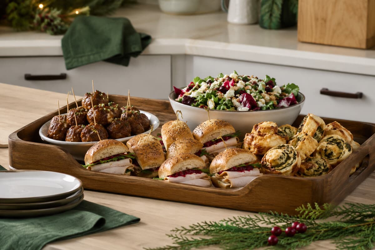 Substantial Christmas party finger foods with sandwiches, savory bites, and a fresh salad