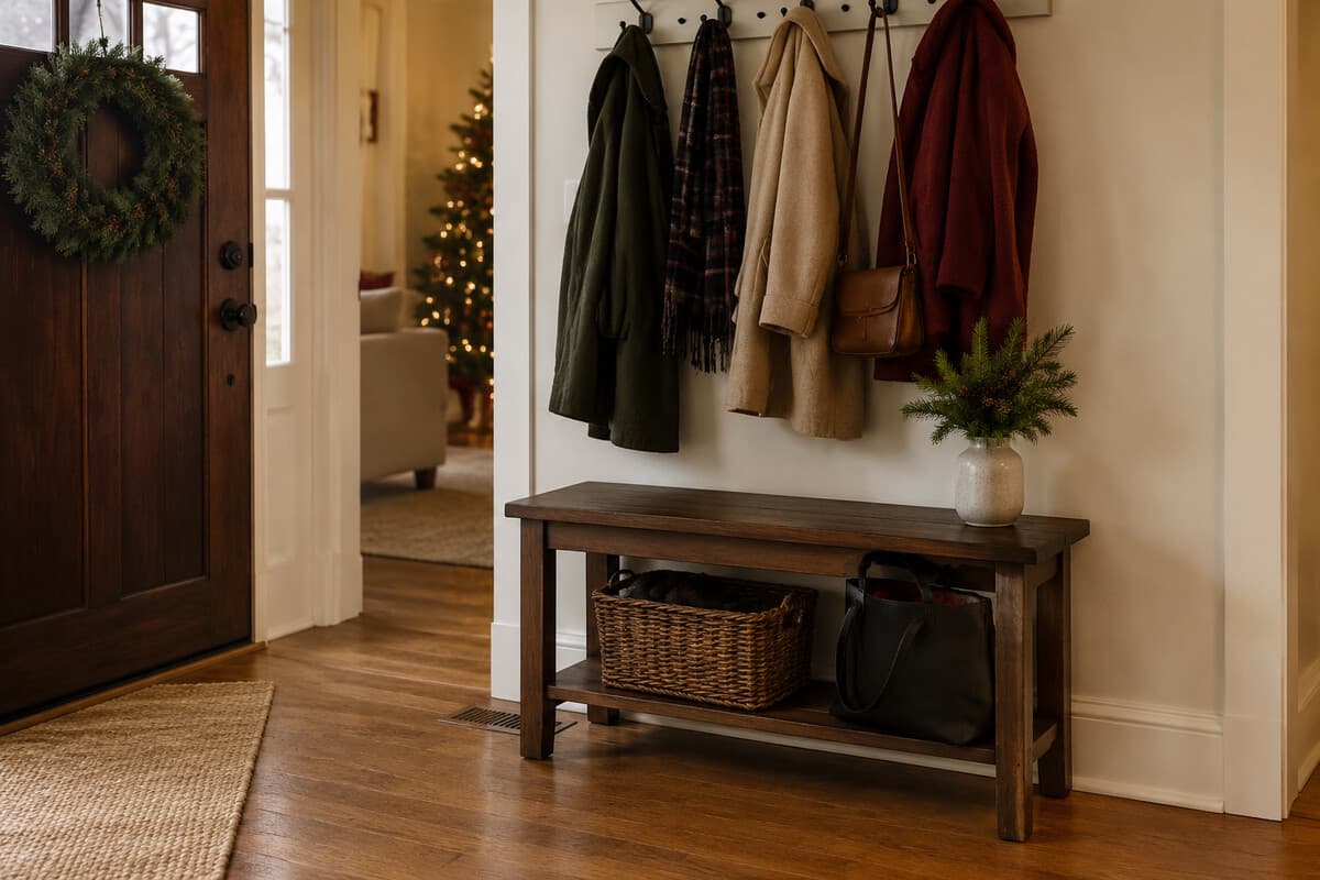 A compact Christmas party coat and bag landing zone near the entry