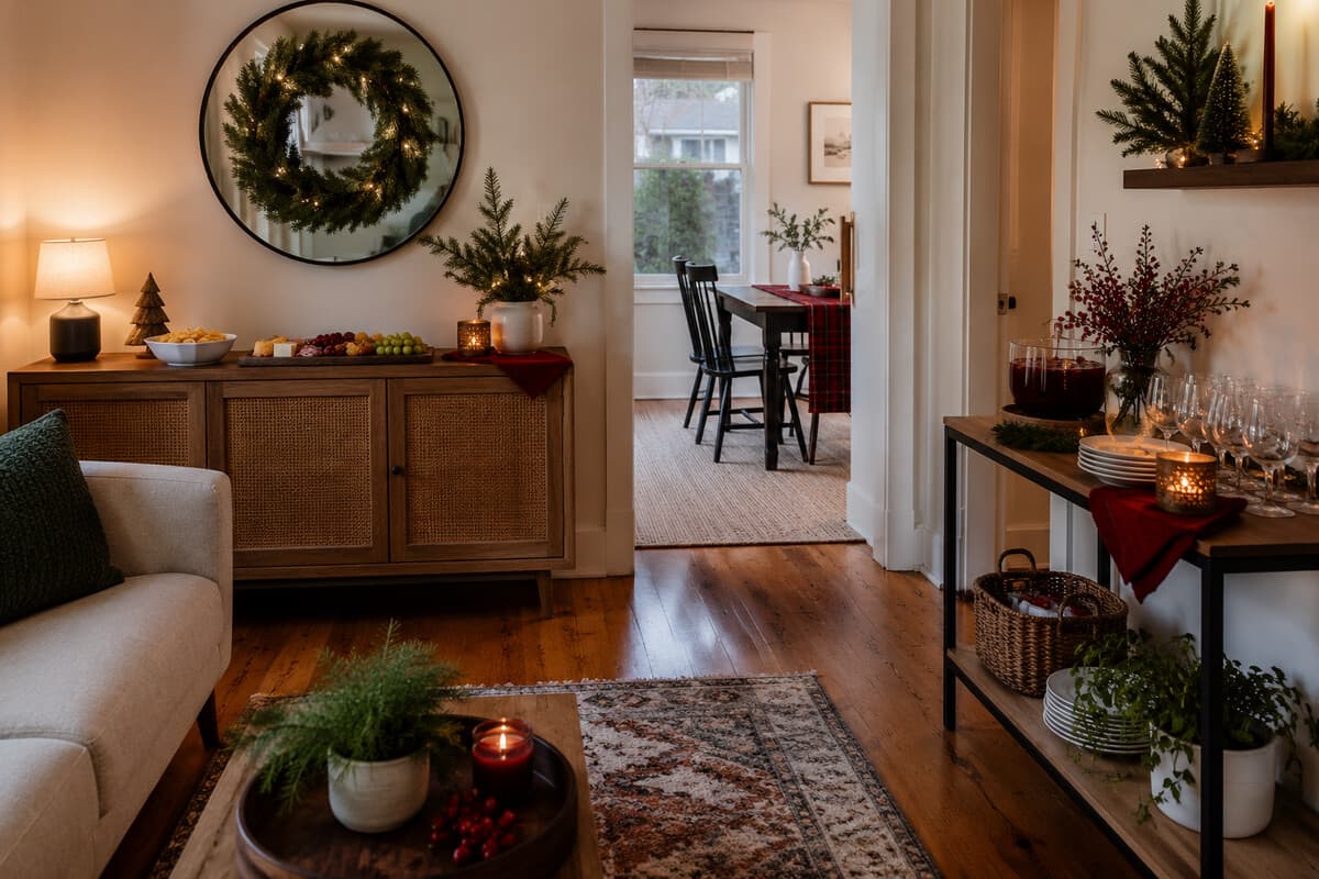Two Christmas party food zones arranged to keep a small house walkway clear