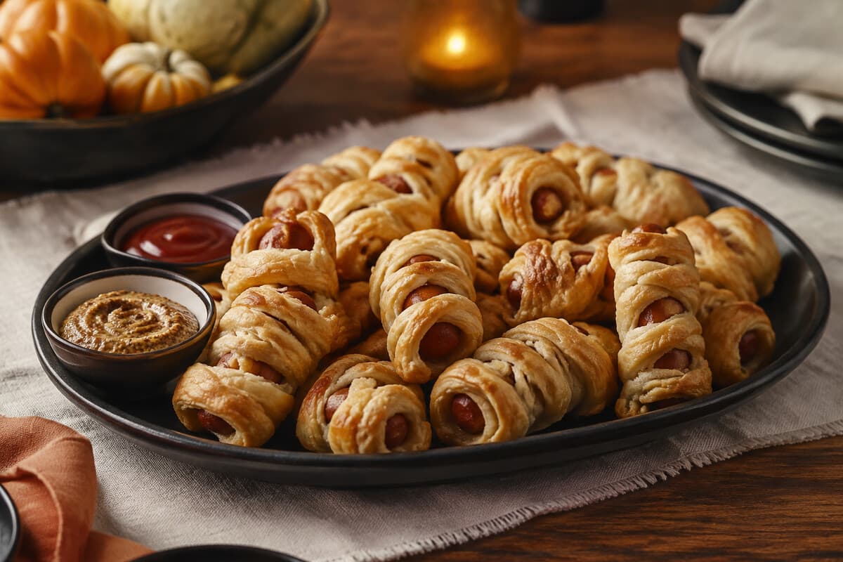 Golden puff-pastry sausage spirals served on a dark platter