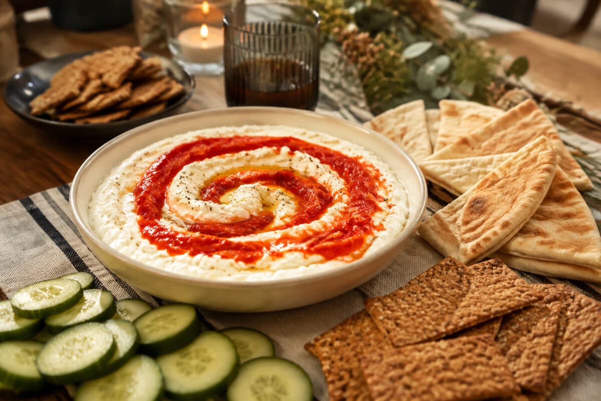 Whipped feta with a roasted red pepper swirl, pita, cucumber, and crackers