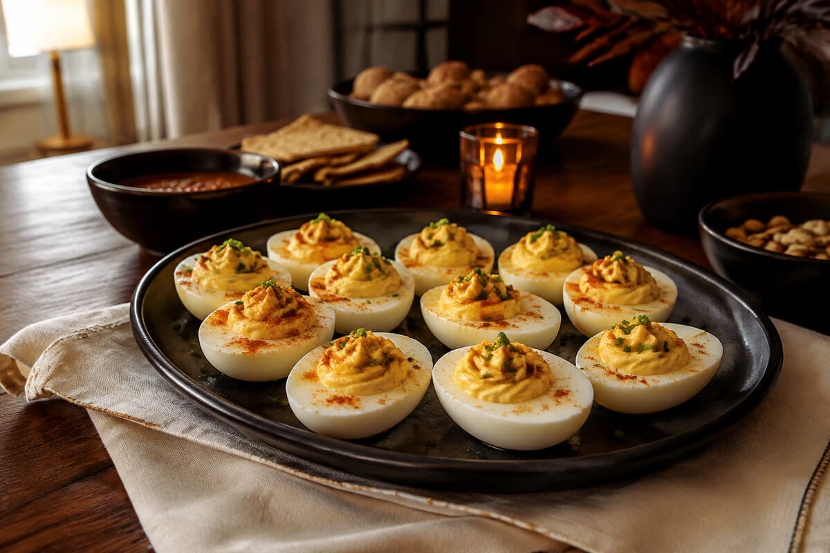 Paprika and chive deviled eggs on a simple Halloween party platter