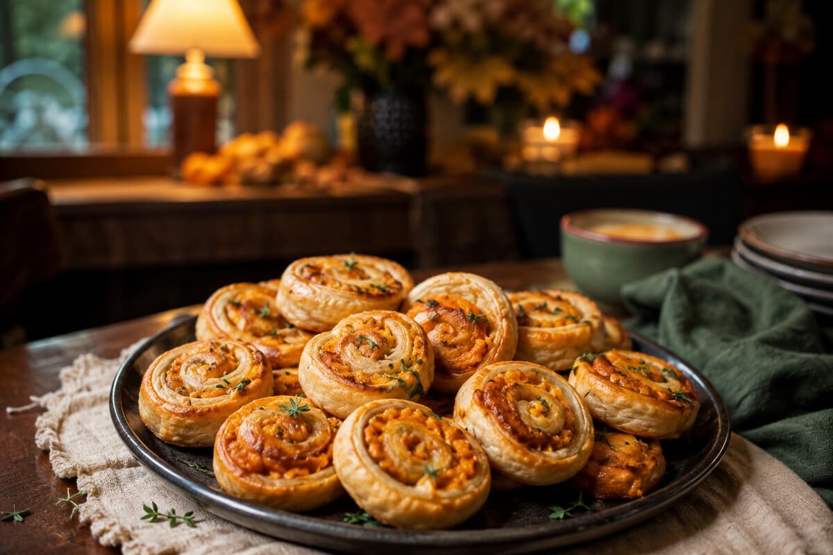 Golden savory pumpkin and cheese pinwheels on a Halloween appetizer platter