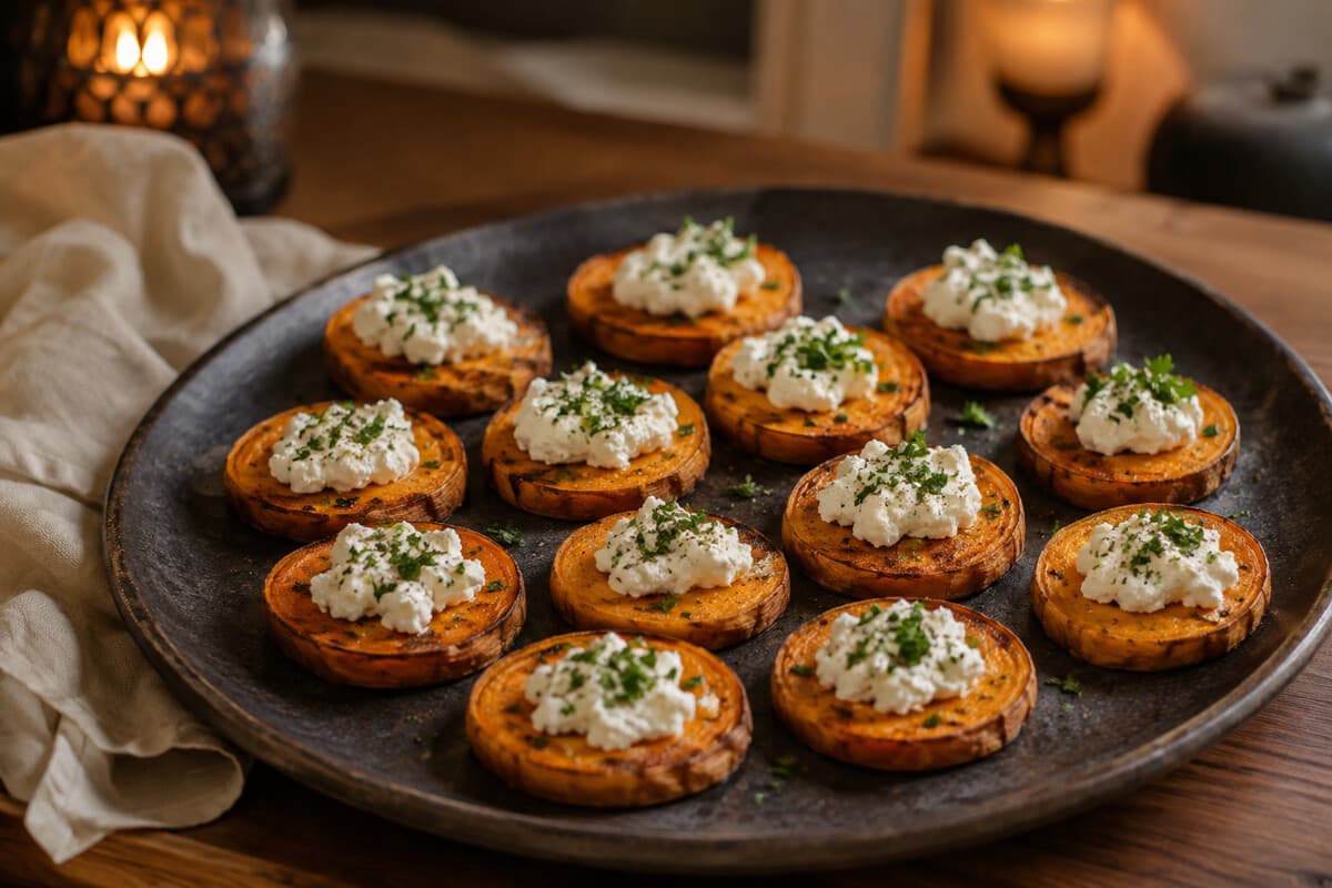 Roasted sweet potato rounds topped with goat cheese and chopped herbs