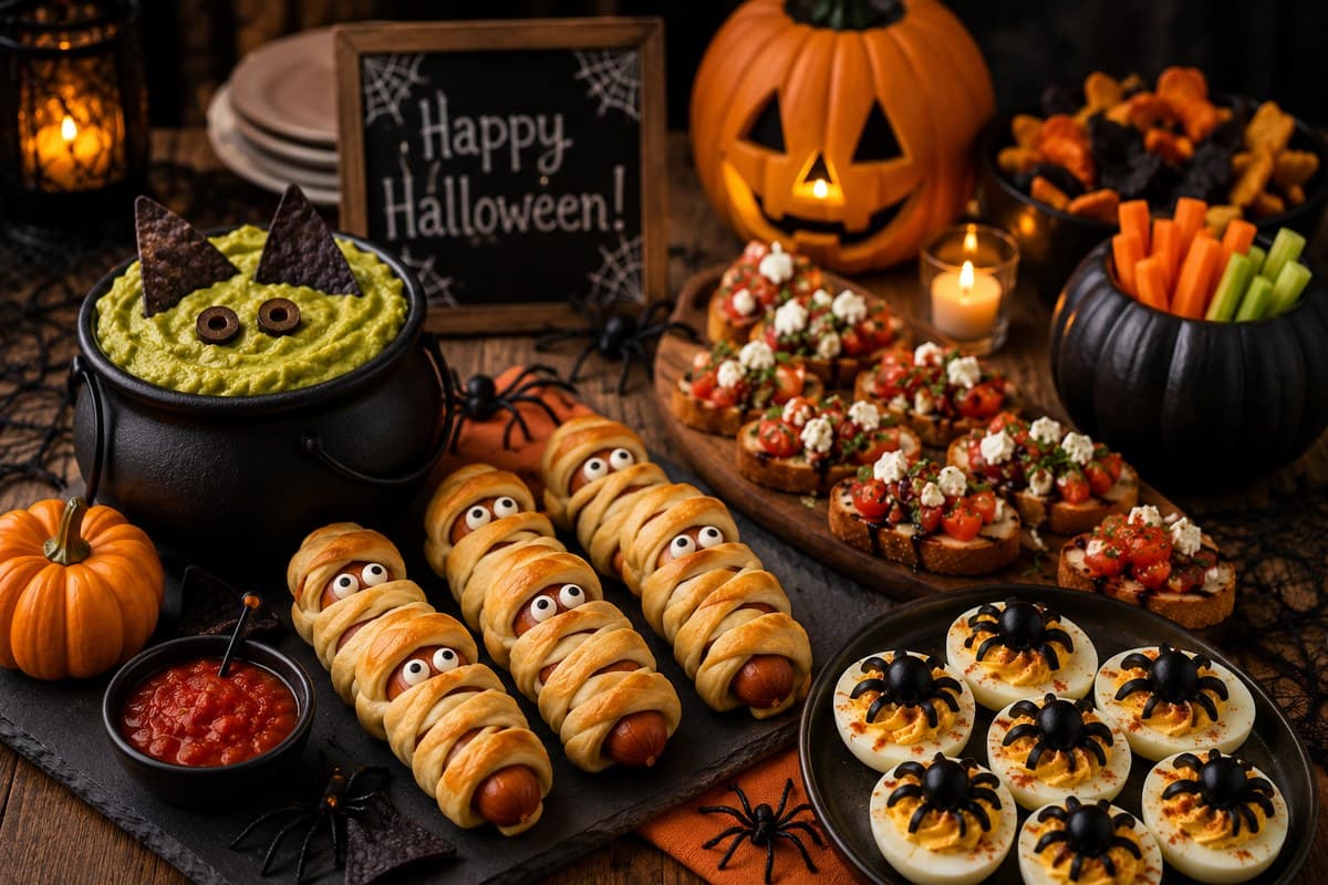 Warm Halloween appetizer buffet with mummy sausage bites, guacamole, deviled eggs, bruschetta, vegetables, and simple seasonal decor