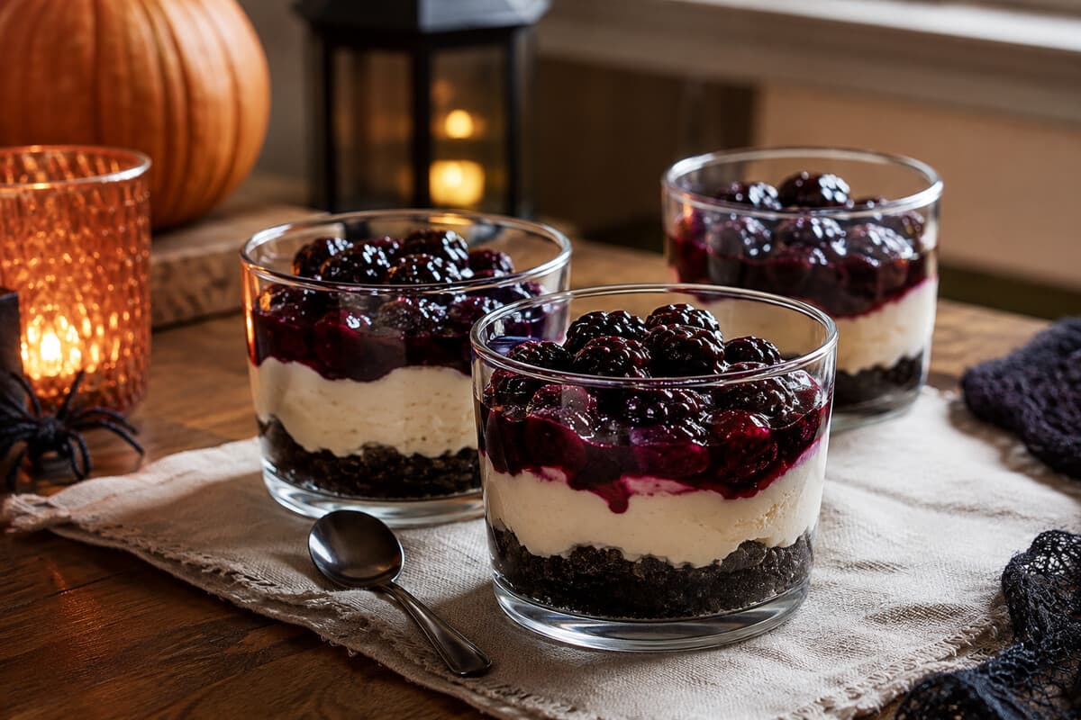Berry cheesecake cups with chocolate-cookie crumbs and dark berry compote