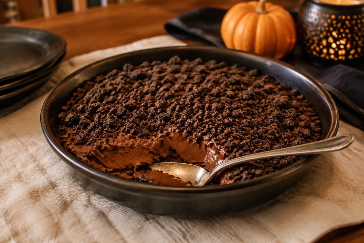 Chocolate pudding topped with crushed chocolate cookies in a shallow serving dish