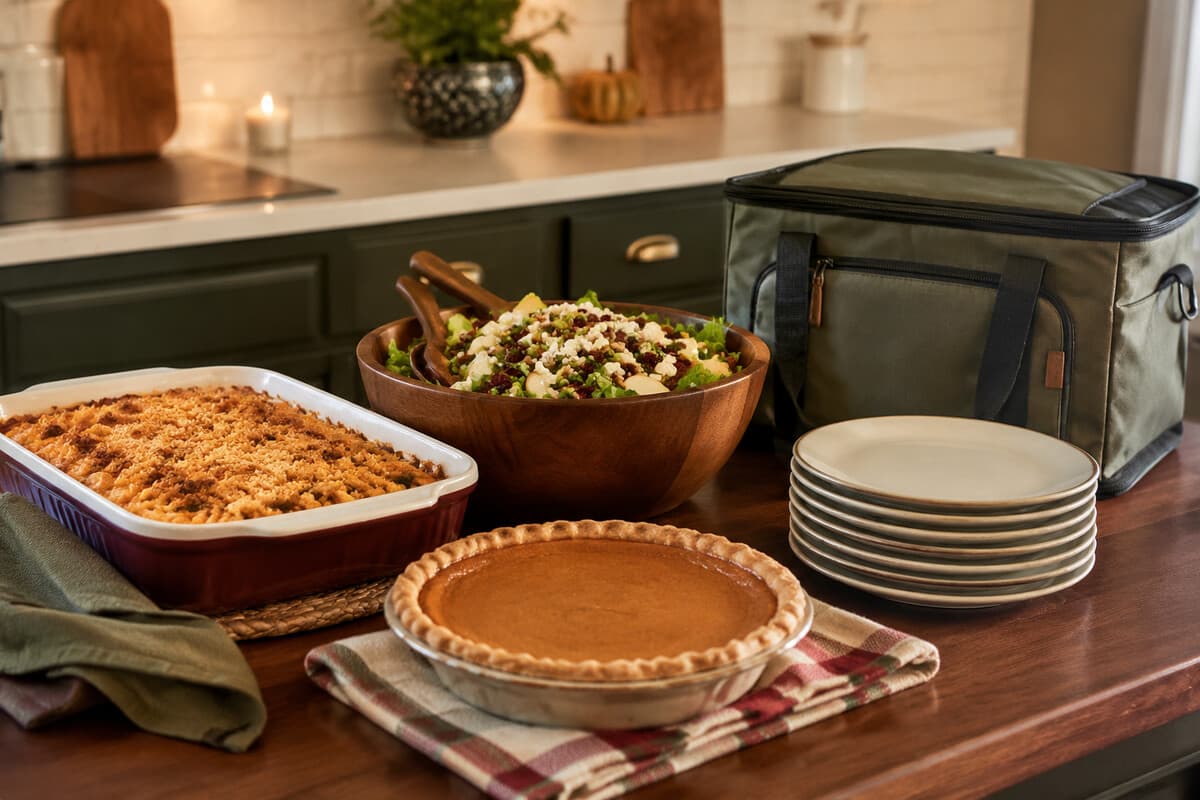 Friendsgiving dishes and supplies ready to bring to a potluck