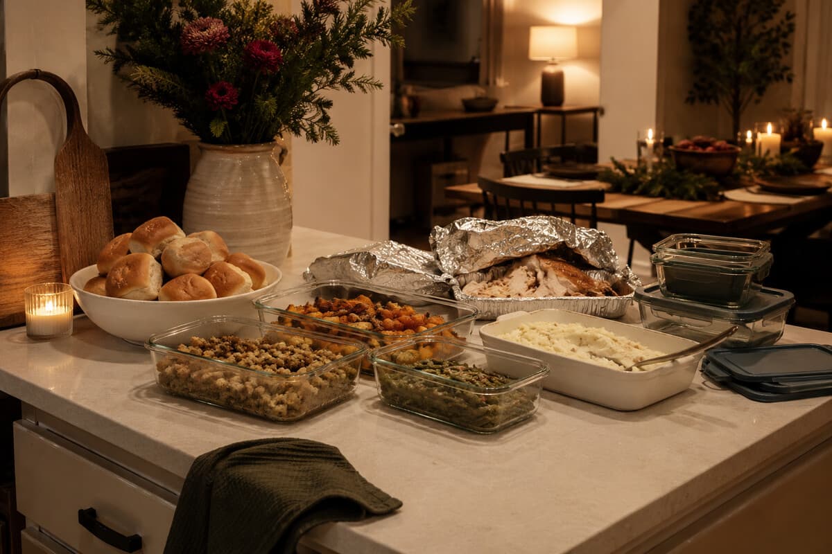 A practical Friendsgiving leftovers station after dinner