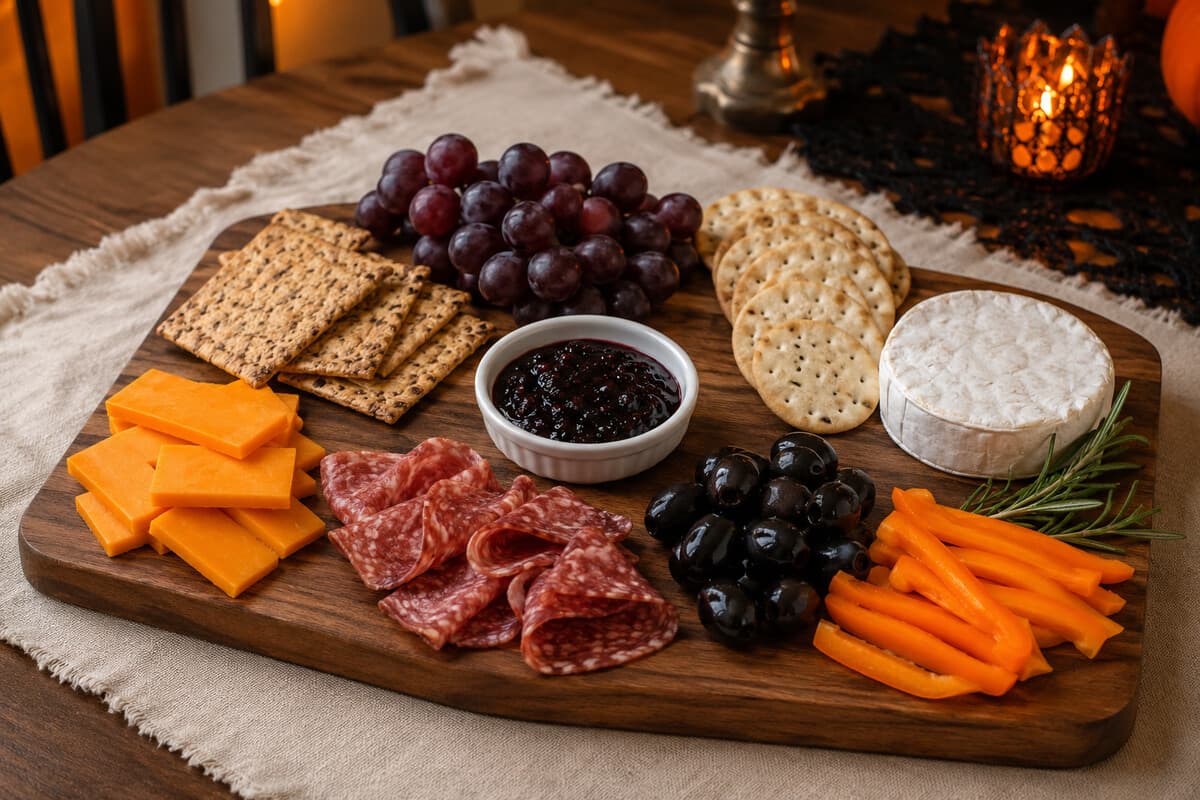 Halloween charcuterie board with cheddar, soft cheese, salami, black olives, grapes, orange peppers, crackers, and blackberry jam