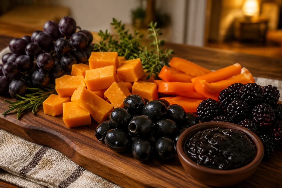 Dark grapes, black olives, blackberries, cheddar, orange peppers, and herbs on a Halloween charcuterie board