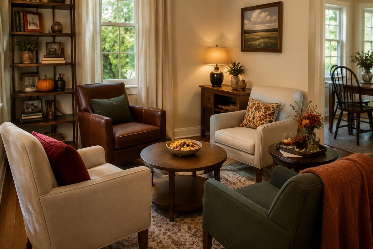 A compact living room arranged as a welcoming Halloween party zone