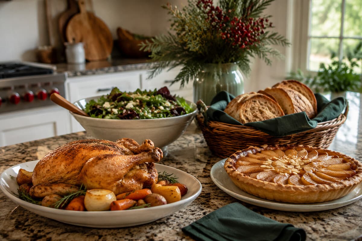 A simple five-part dinner-party menu with roast chicken, salad, bread, and dessert