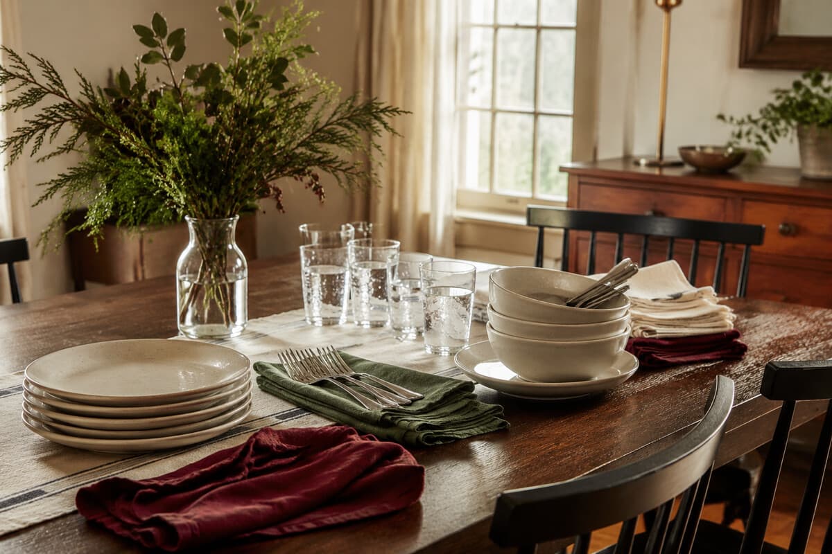 Everyday dinner-party tableware set out before guests arrive