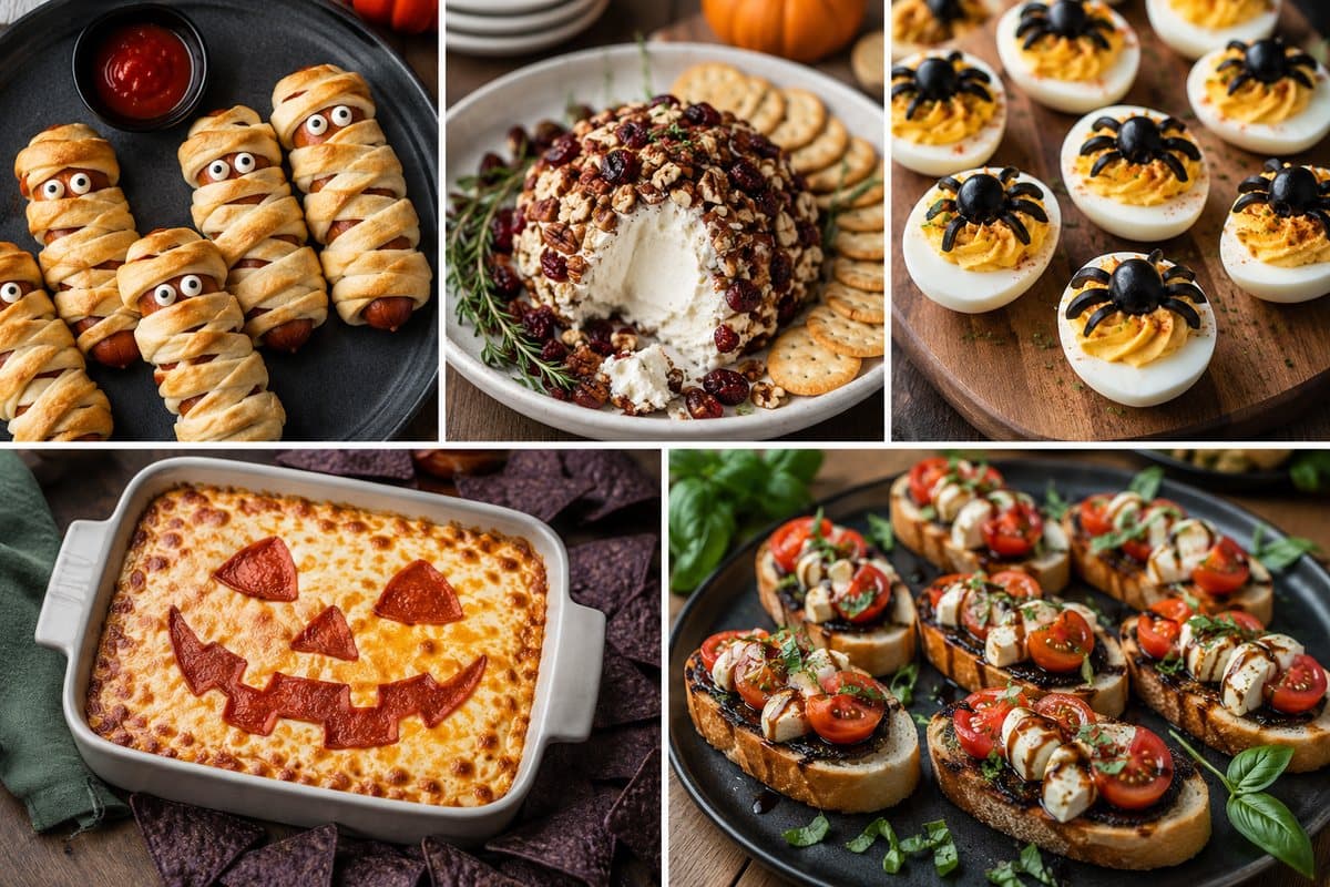 Halloween party food idea board with mummy sausage bites, a seasonal cheese ball, deviled eggs, baked dip, and crostini