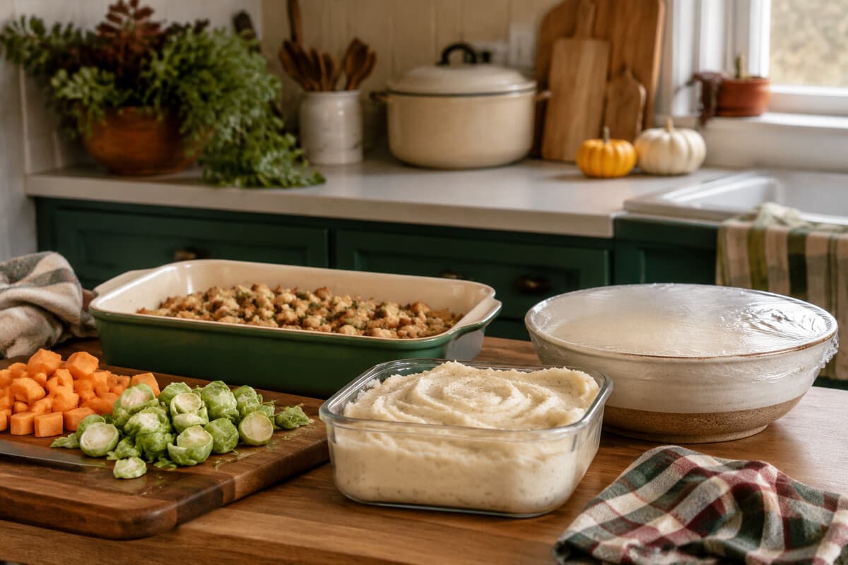 Thanksgiving side dishes in different stages of make-ahead prep