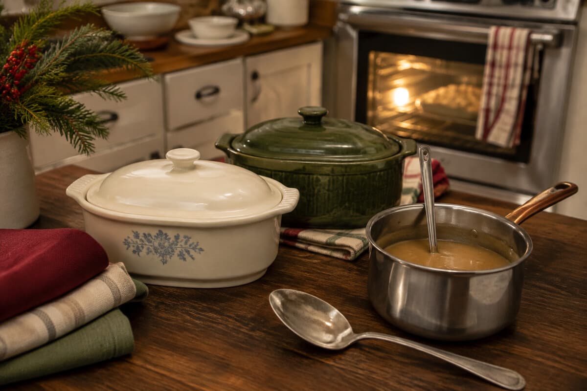 Thanksgiving casseroles and gravy being reheated in a home kitchen
