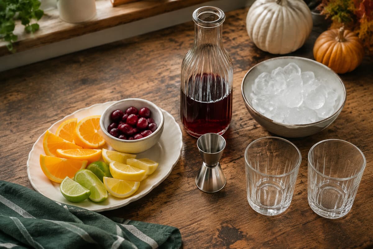 Ingredients and glassware for simple three-ingredient Halloween cocktails