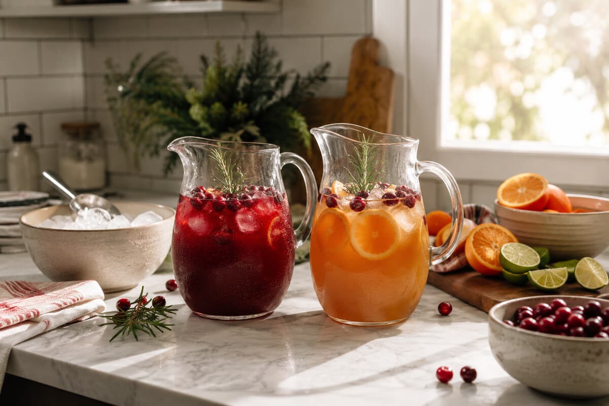 Two pitchers prepared ahead for a small Halloween cocktail party