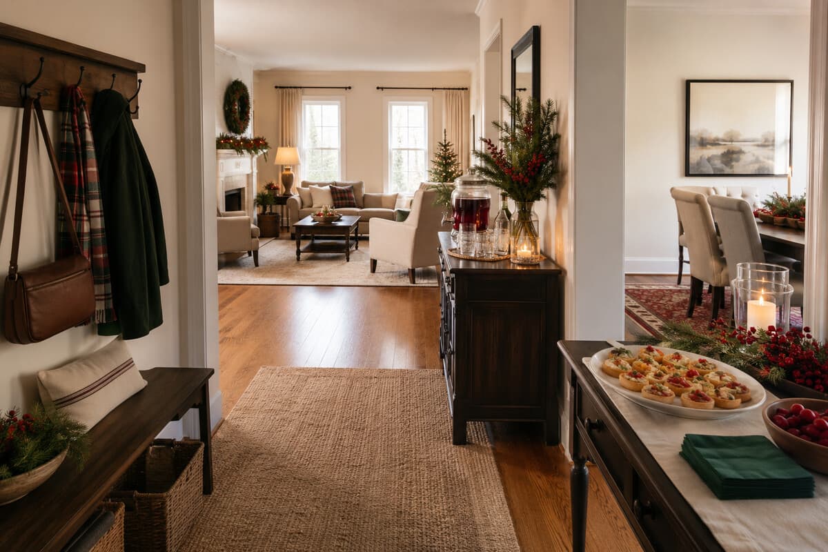 A Christmas open house arranged with separate coat, drink, and snack stations
