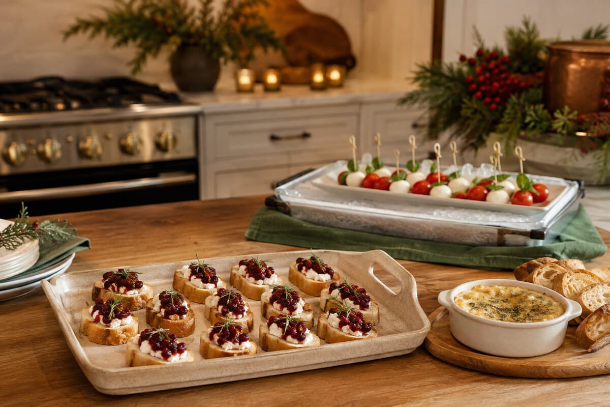 Small batches of Christmas open house appetizers ready for replenishment