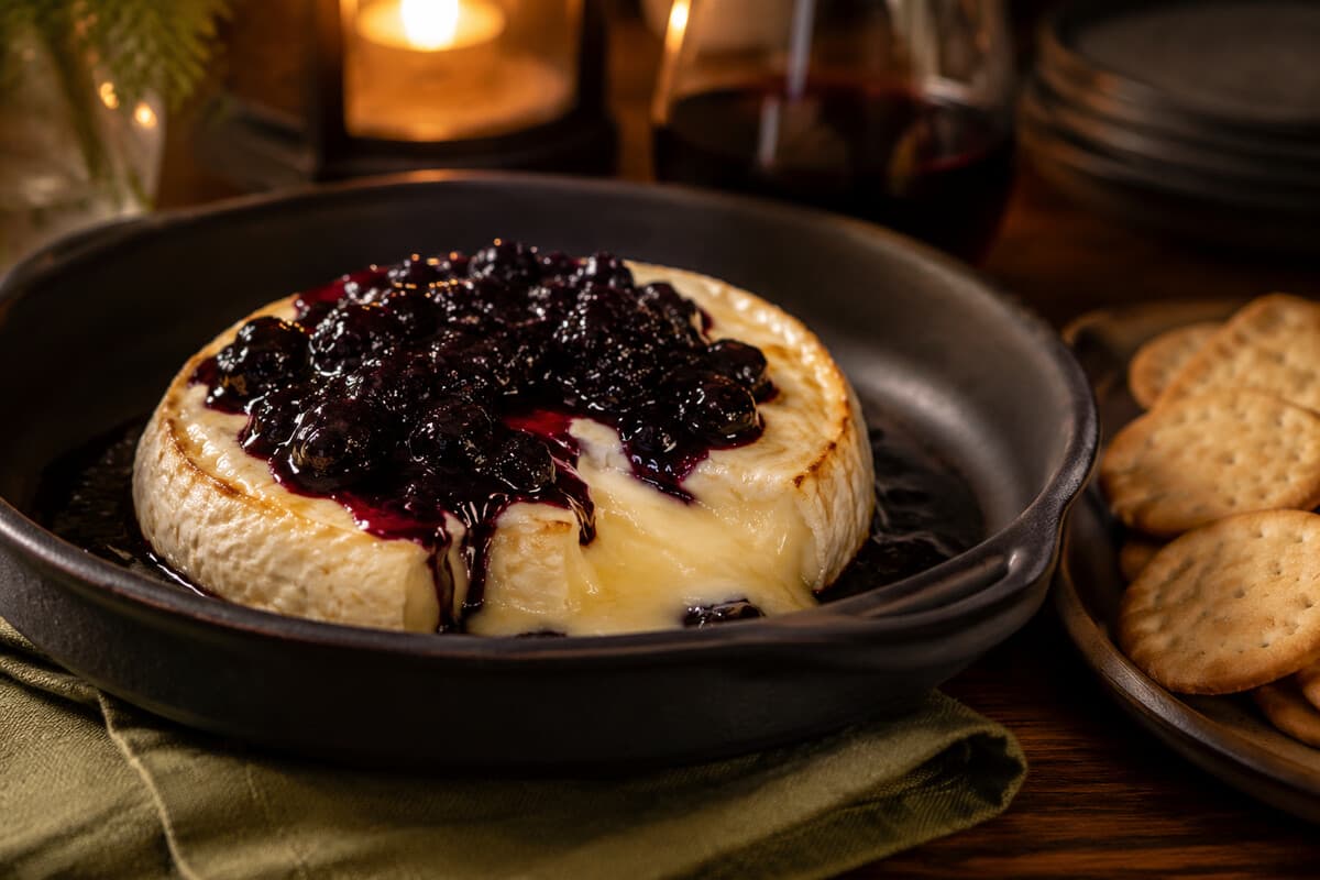 Warm baked brie topped with blackberry preserves and served with crackers