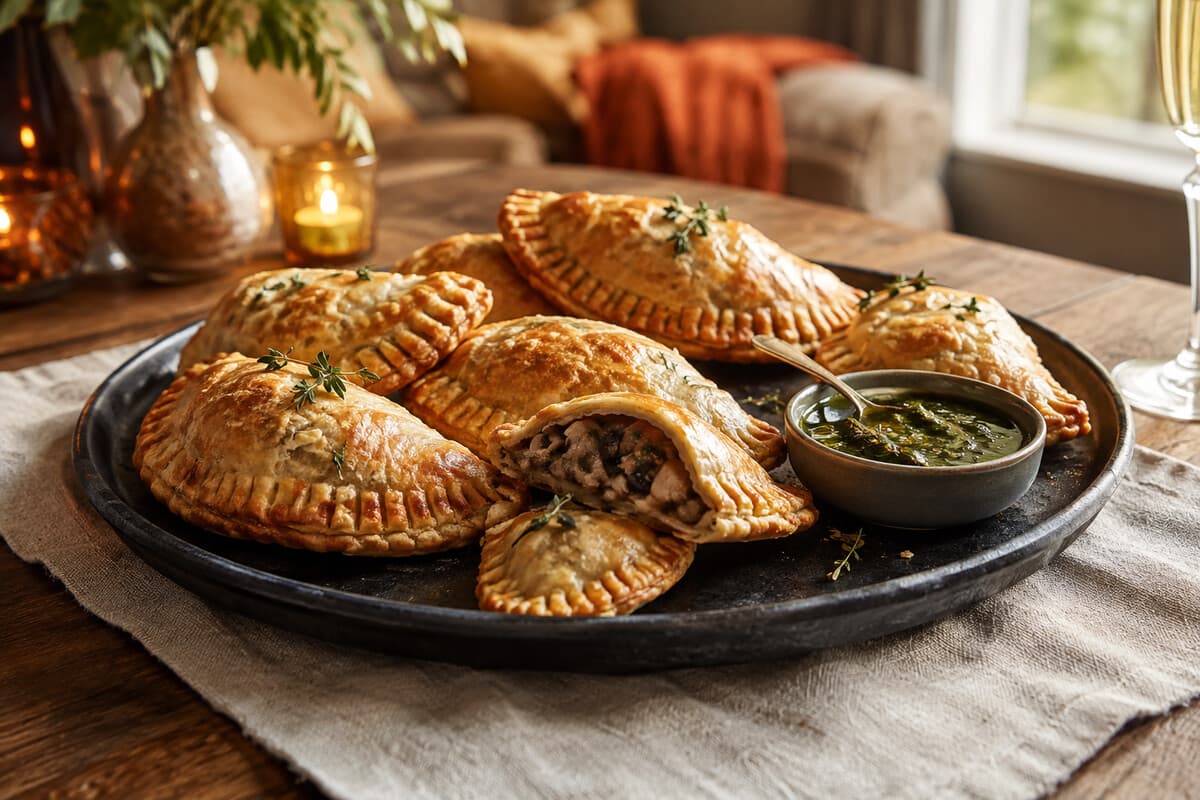 Flaky mushroom and herb hand pies on a warm fall party platter