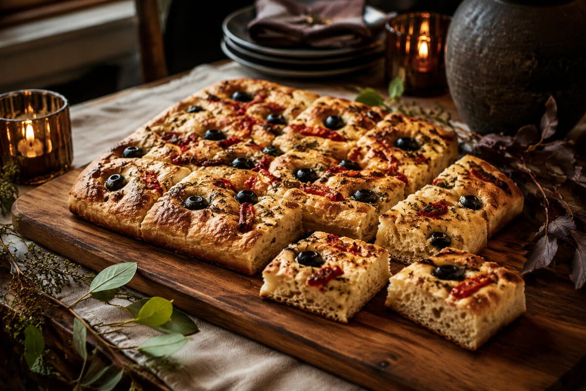 Rustic focaccia with black olives and roasted red peppers cut into party squares