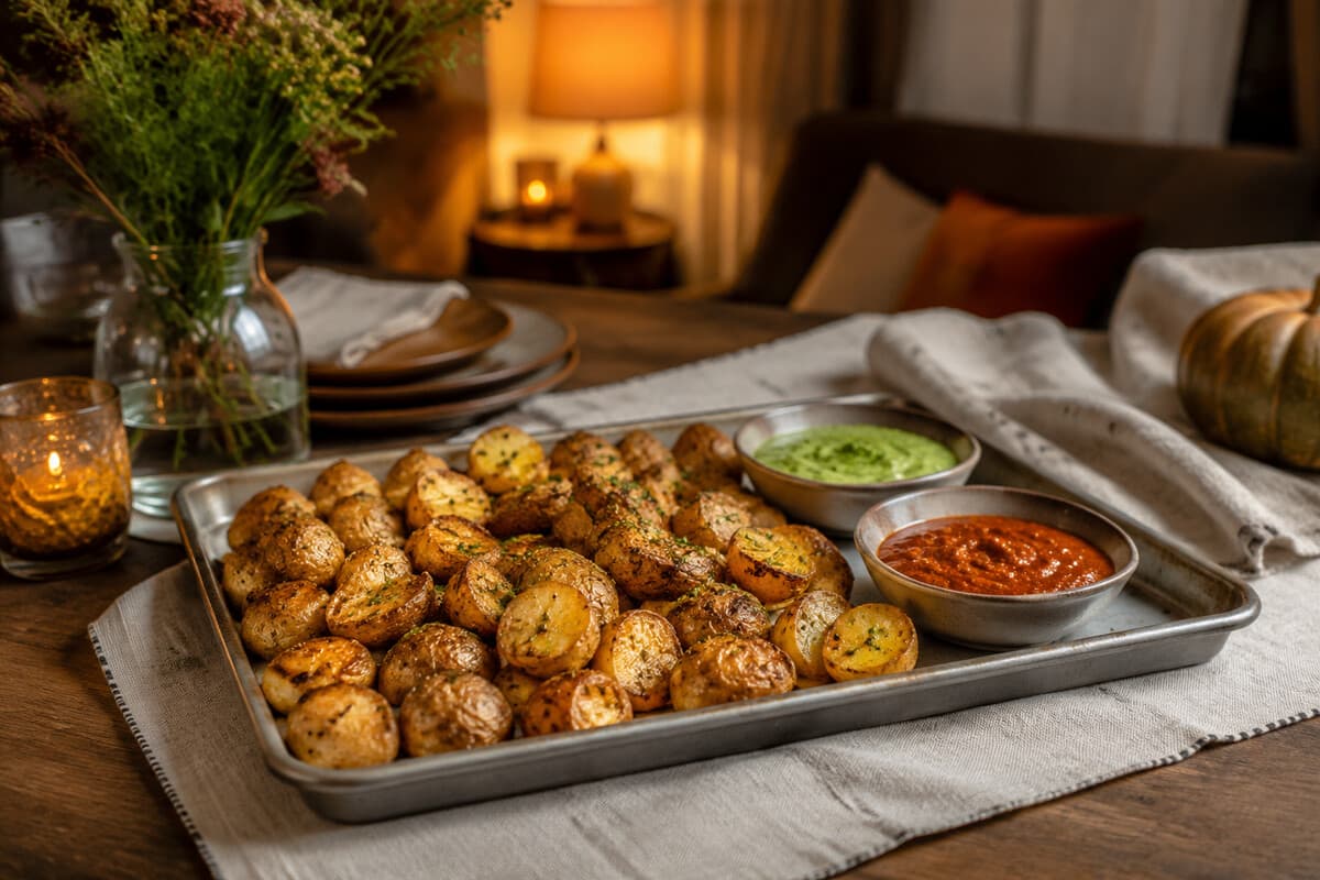 Crispy roasted baby potatoes with green herb dip and smoky red sauce