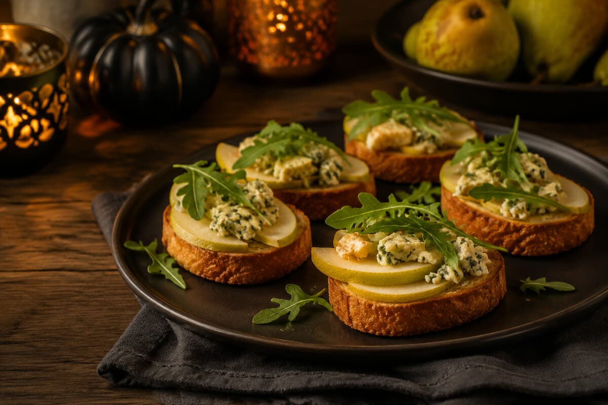 Pear, blue cheese, and arugula bites on toasted bread rounds