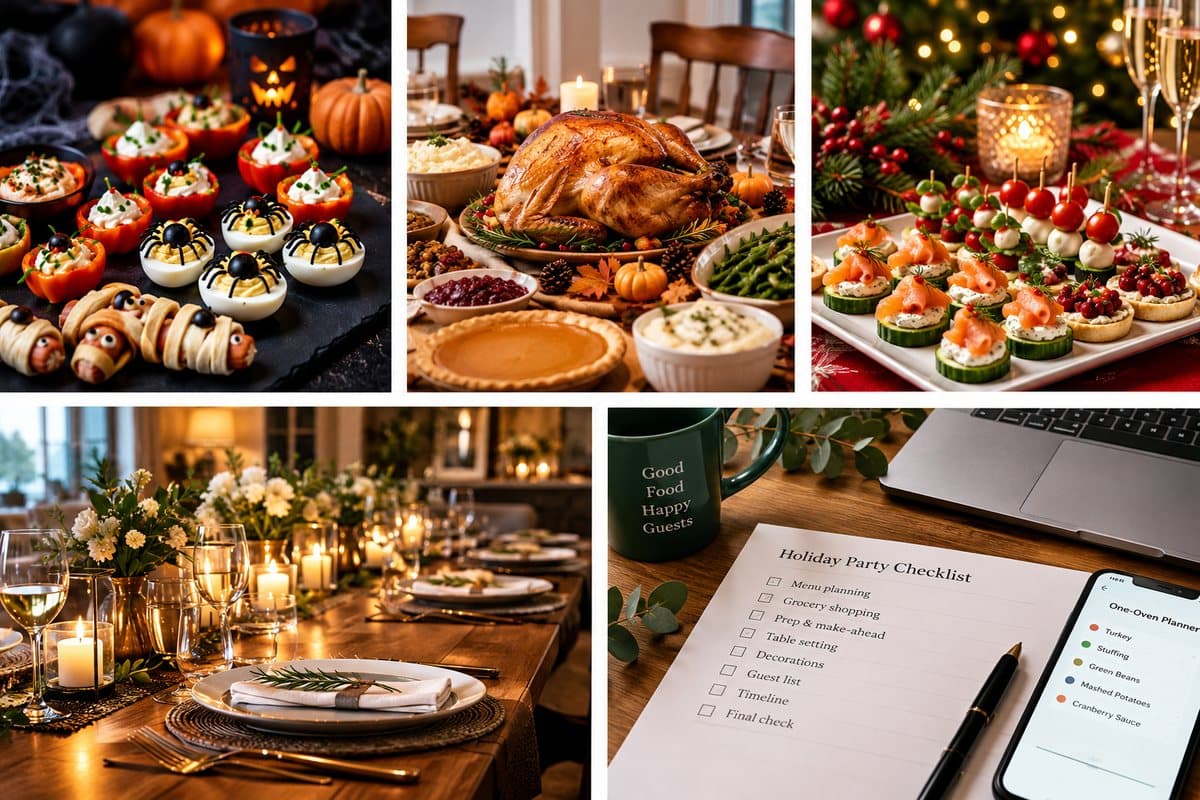 Seasonal hosting inspiration across Halloween, Thanksgiving, Christmas, dinner-table setup, and party planning