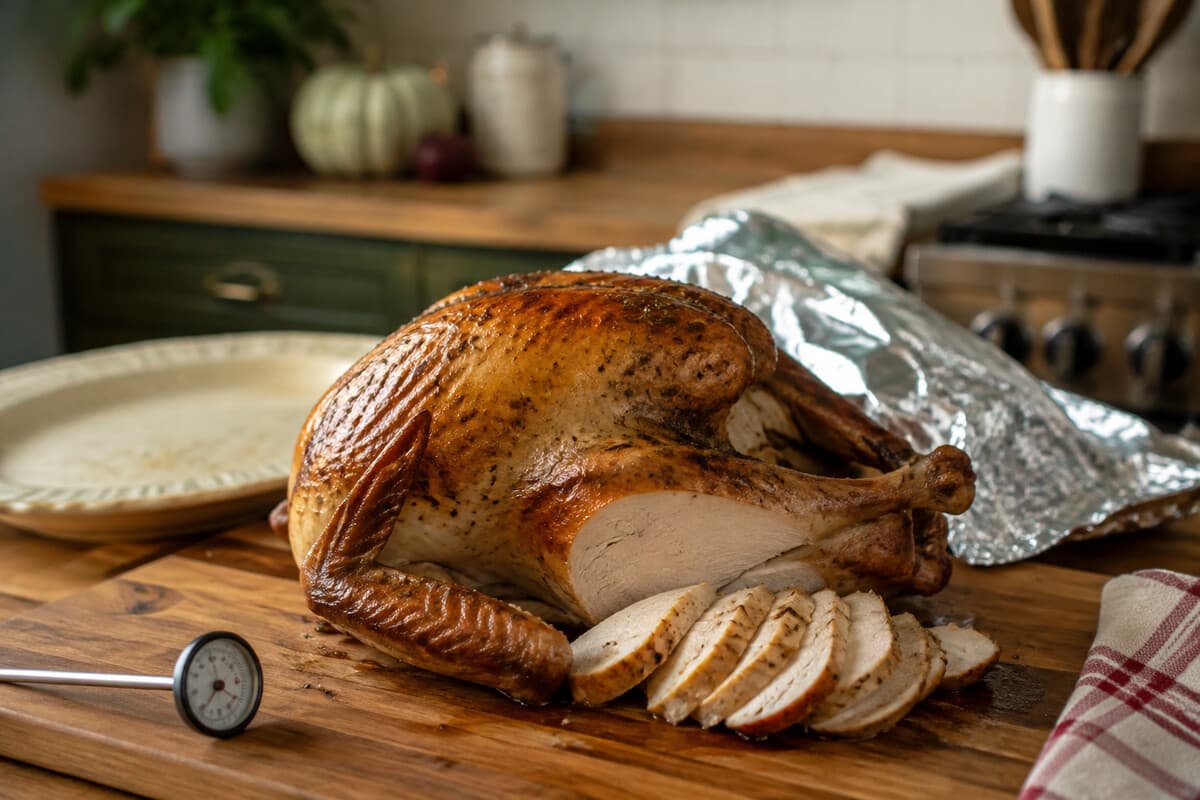 A Thanksgiving turkey resting before it is carved