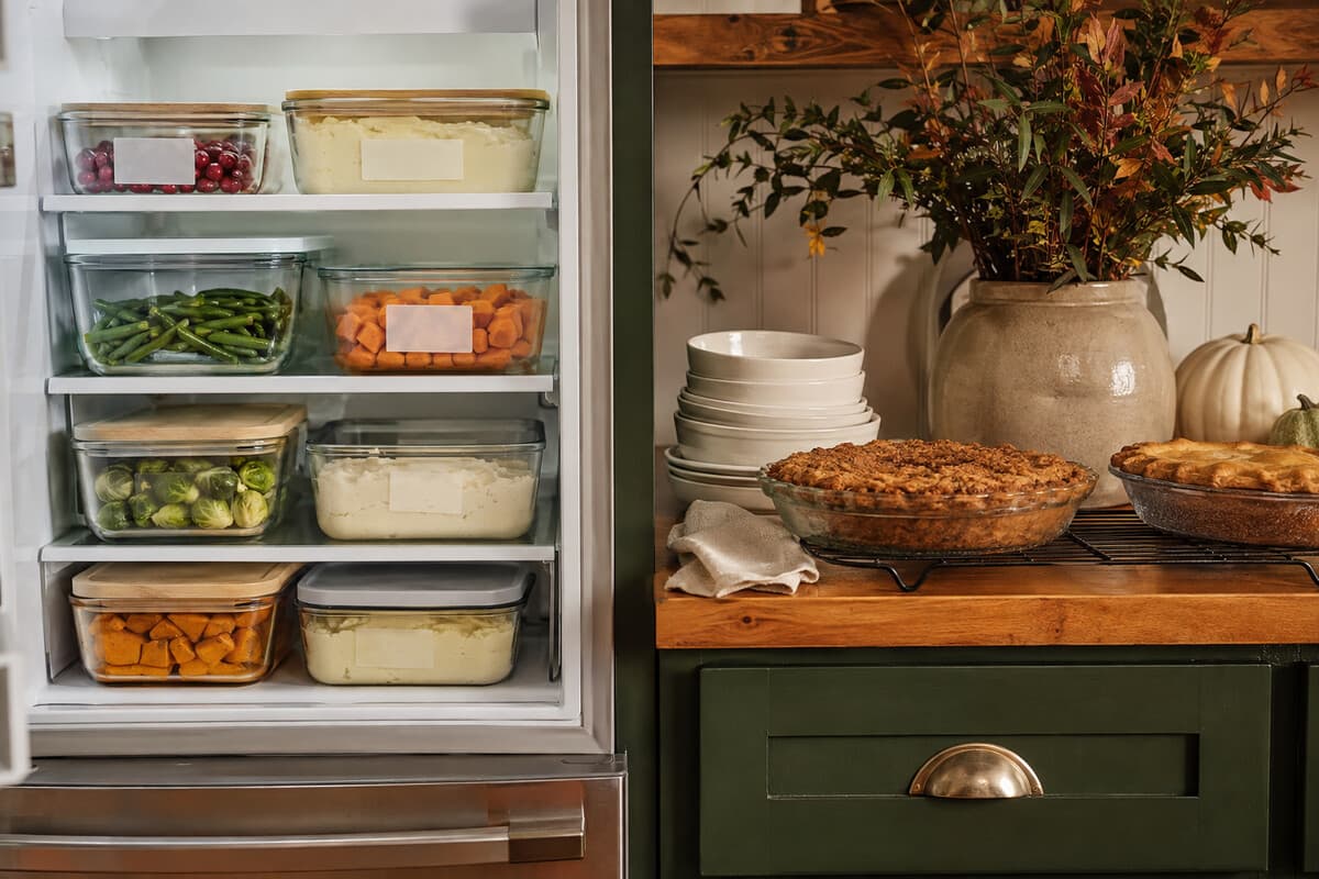 Make-ahead Thanksgiving dishes organized in a home kitchen