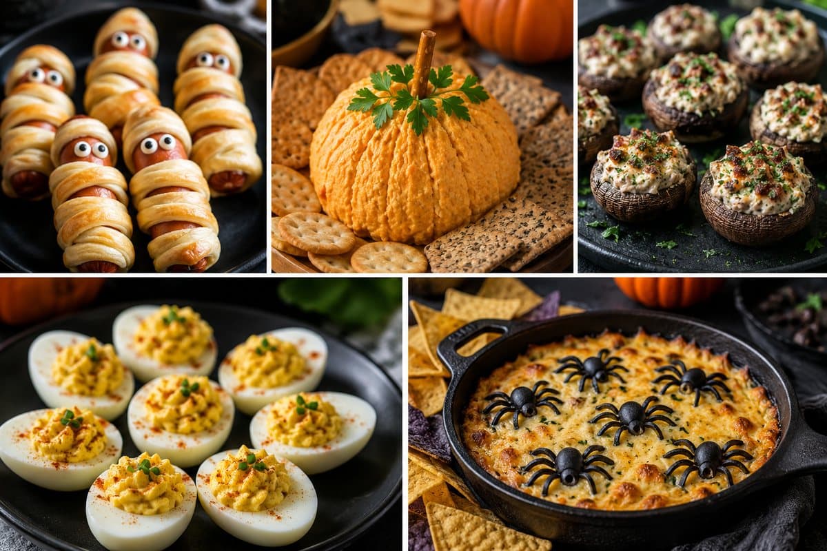 Halloween snack idea board with savory pastry bites, a pumpkin-shaped cheese spread, stuffed mushrooms, deviled eggs, and warm dip