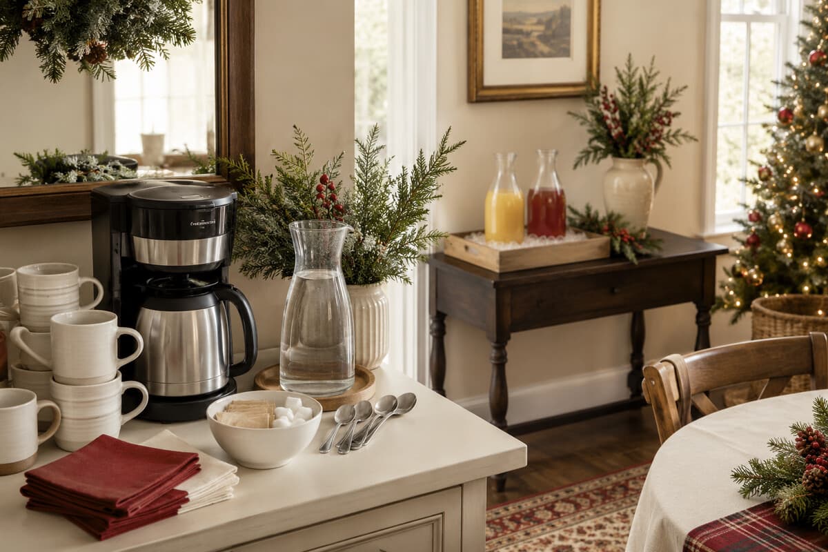 A separate self-serve coffee and cold-drink station for Christmas brunch