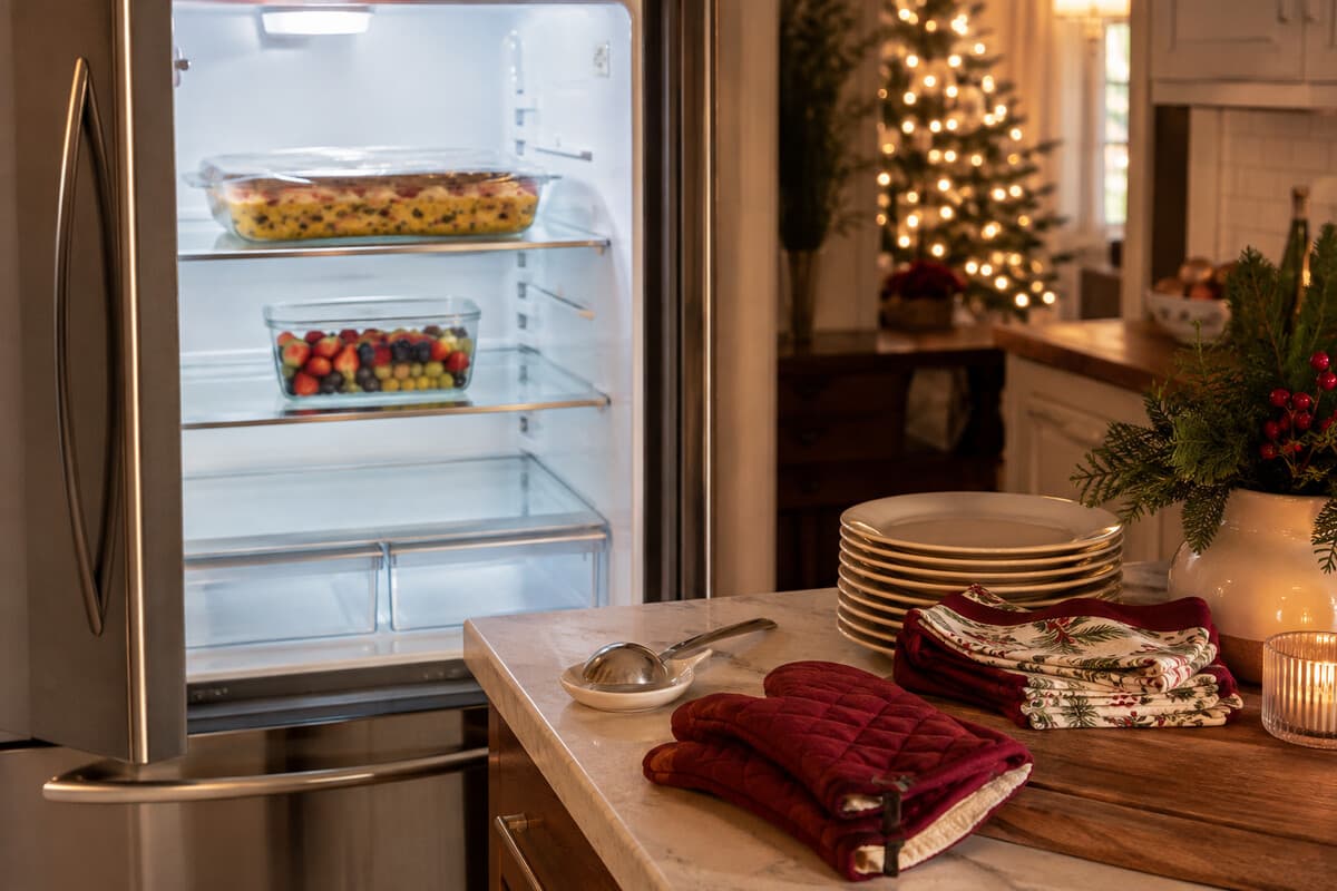 Christmas Eve brunch preparation with an overnight casserole and fruit kept chilled