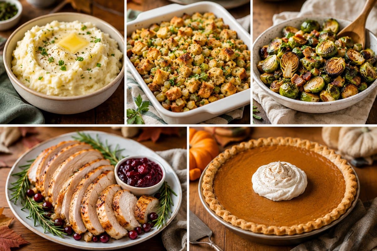 Thanksgiving menu idea board with mashed potatoes, stuffing, Brussels sprouts, sliced turkey, and pumpkin pie