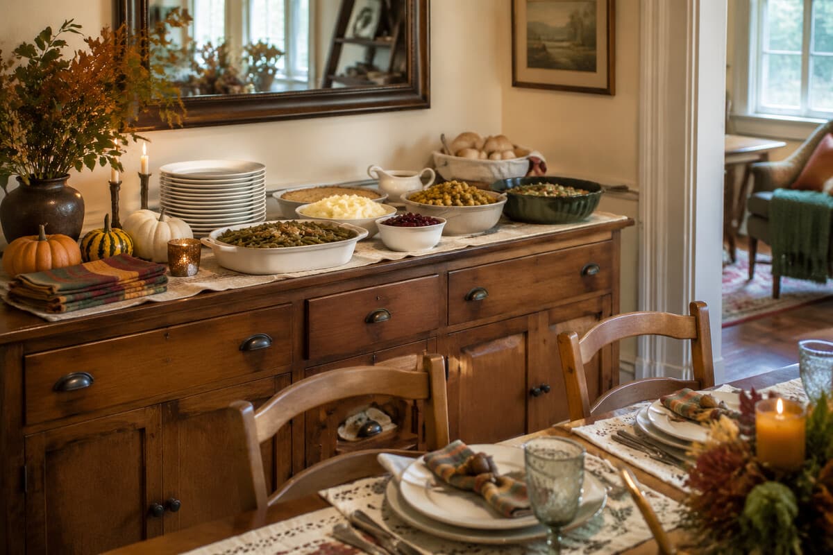 A modest Thanksgiving centerpiece made from flowers and produce