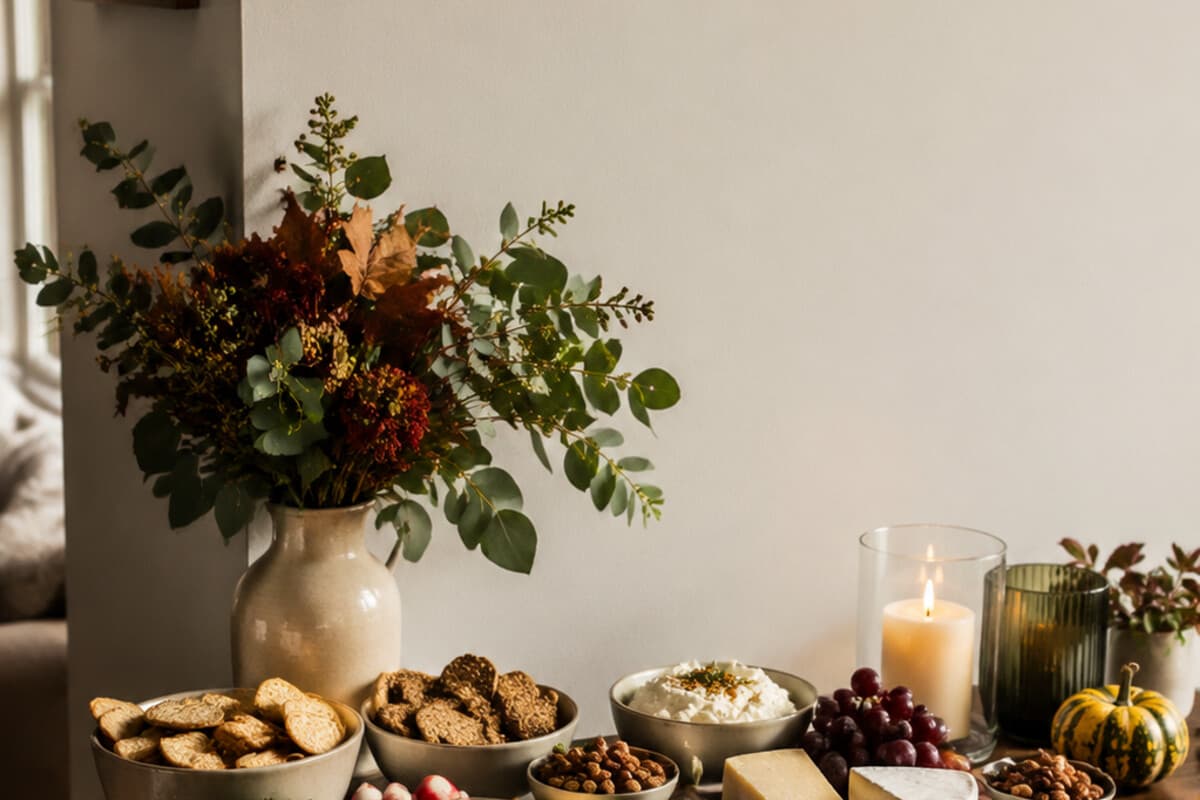 A self-serve Thanksgiving buffet set beside the dining table