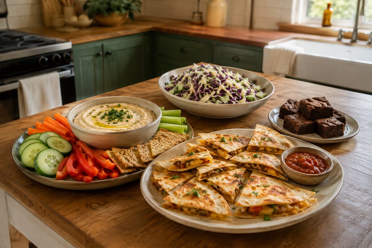 A four-part casual hosting menu with dip, quesadilla squares, crunchy salad, and brownie bites
